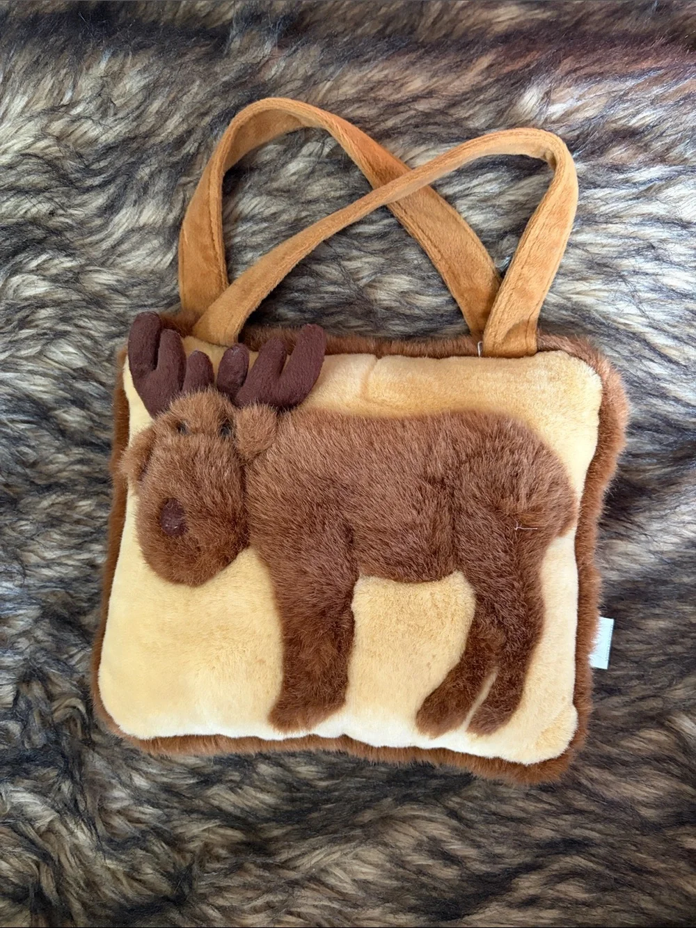 Plush Brown Moose Kids Handbag 10” - Soft Tan & Brown